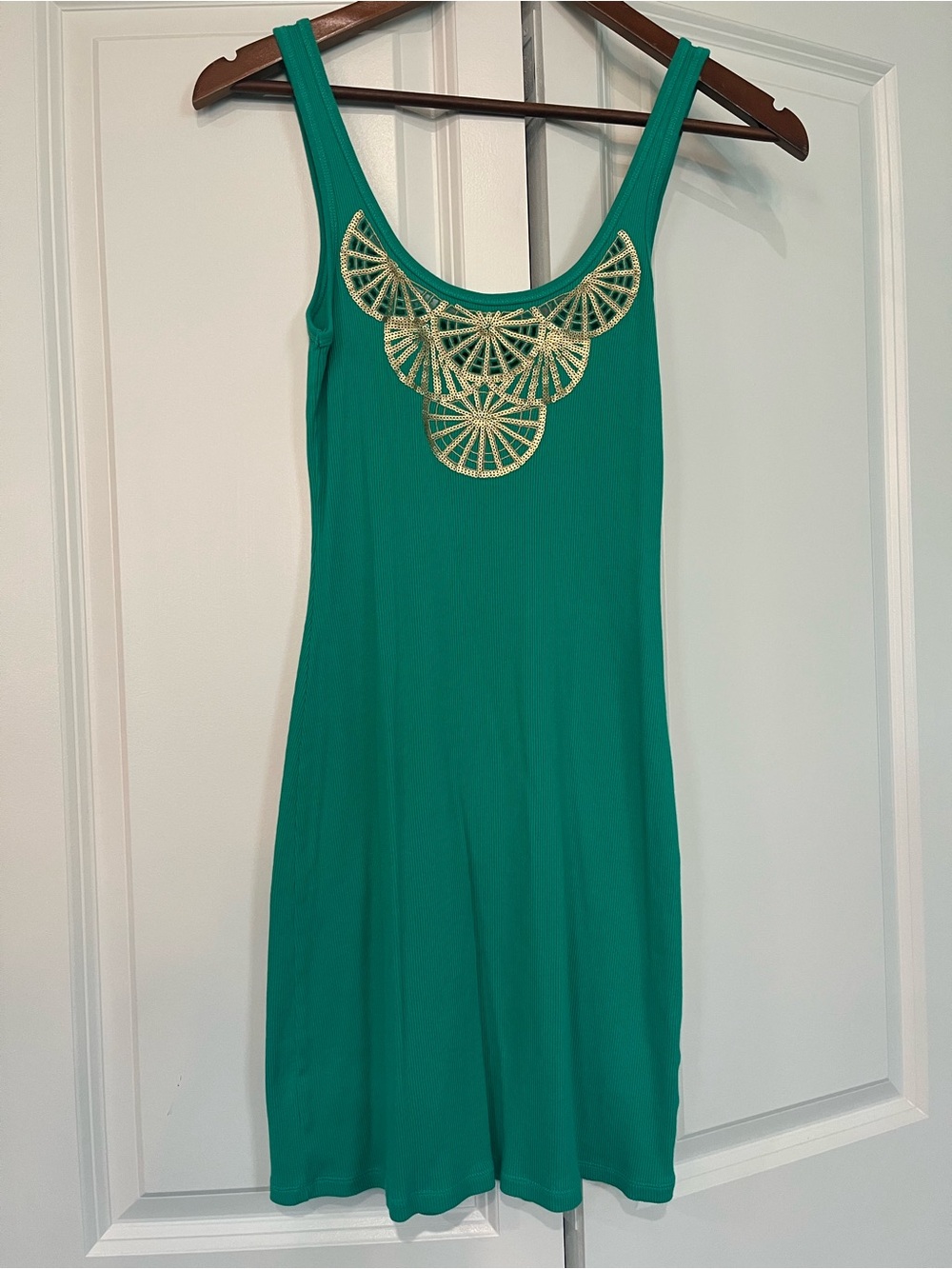 Moda International Teal Midi Dress with Gold Neck Embellishment